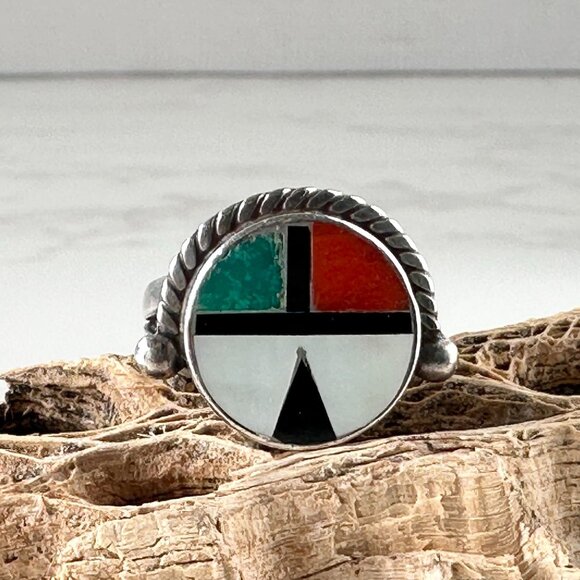 Early Vintage Native American Zuni Kachina Sun God Ring Inlaid Gemstones - Picture 1 of 8
